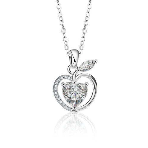 Apple Heart Cut Moissanite Necklace with CZ in White Gold-Plated S925 sterling silver white background product photo showing apple and heart pendant with a 2 ct heart-cut moissanite and CZ accents