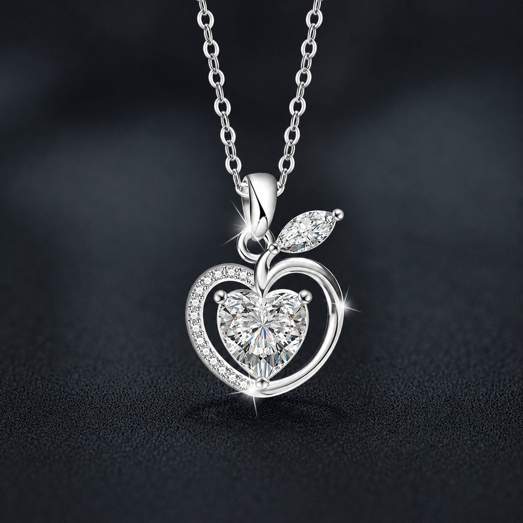 Apple Heart Cut Moissanite Necklace with CZ in White Gold-Plated S925 sterling silver close-up product scene showing pendant setting