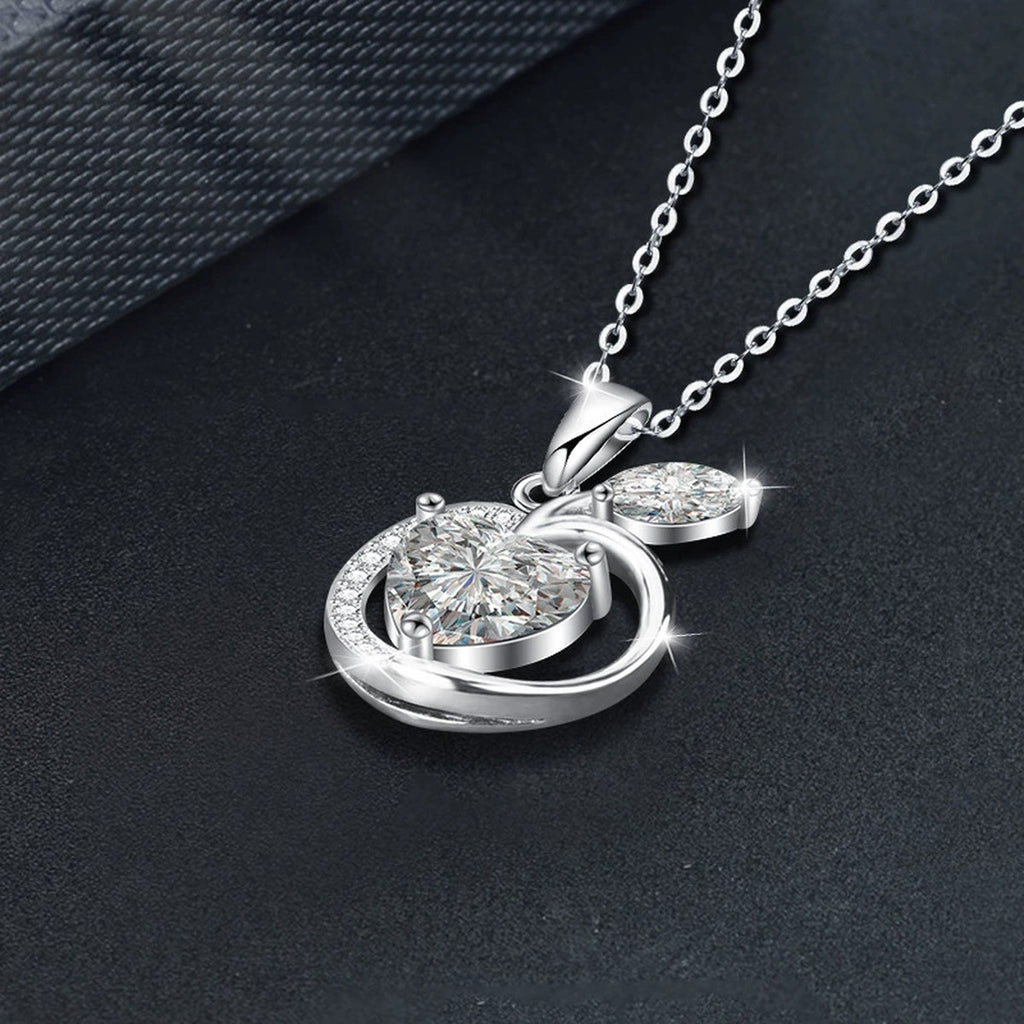 Apple Heart Cut Moissanite Necklace with CZ in White Gold-Plated S925 sterling silver blue display scene showing chain and stone layout