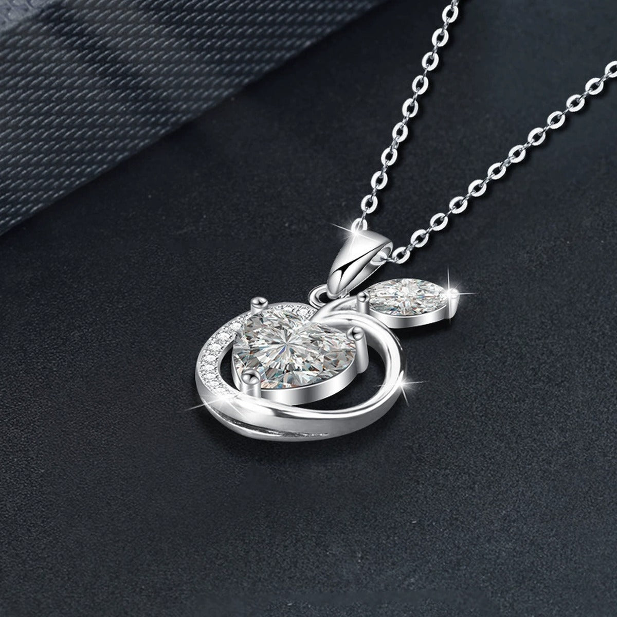 Apple Heart Cut Moissanite Necklace with CZ in White Gold-Plated S925 sterling silver blue display scene showing chain and stone layout