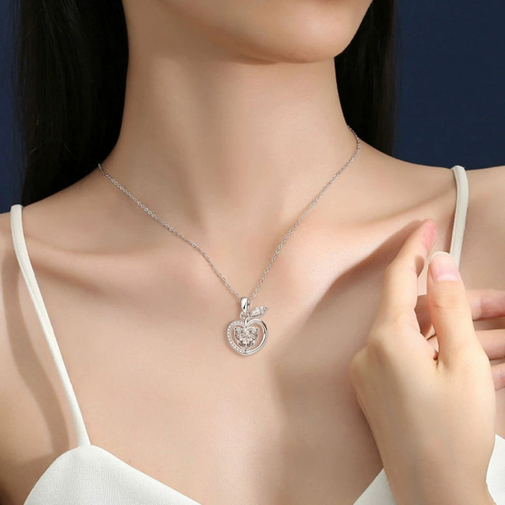 Apple Heart Cut Moissanite Necklace with CZ in White Gold-Plated S925 sterling silver neckline model view showing pendant scale and chain length