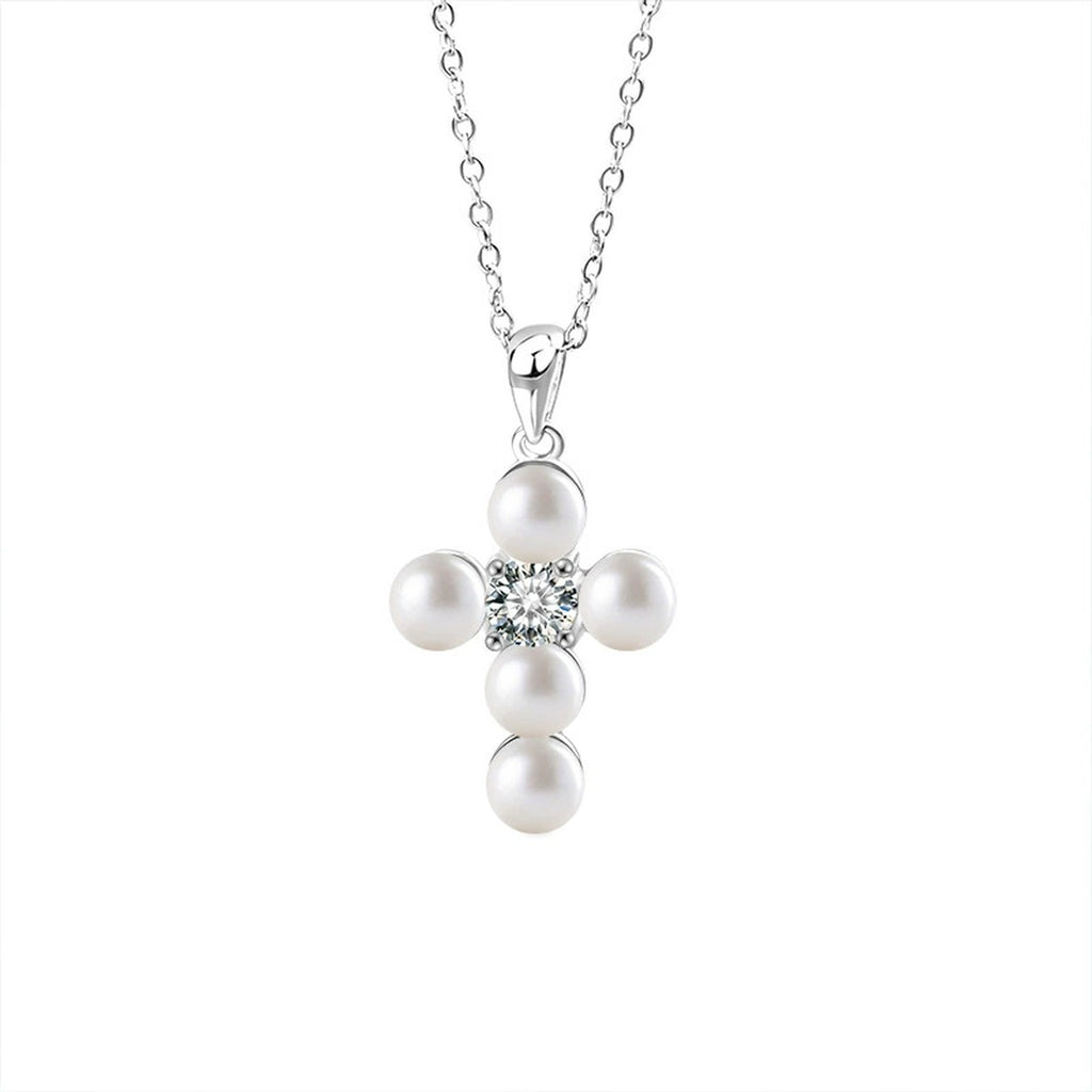 Pearl Cross Round Moissanite Necklace in White Gold-Plated S925 sterling silver white background front product view showing cross pendant formed by button pearls around a round moissanite center