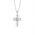 Pearl Cross Round Moissanite Necklace in White Gold-Plated S925 sterling silver white background front product view showing cross pendant formed by button pearls around a round moissanite center