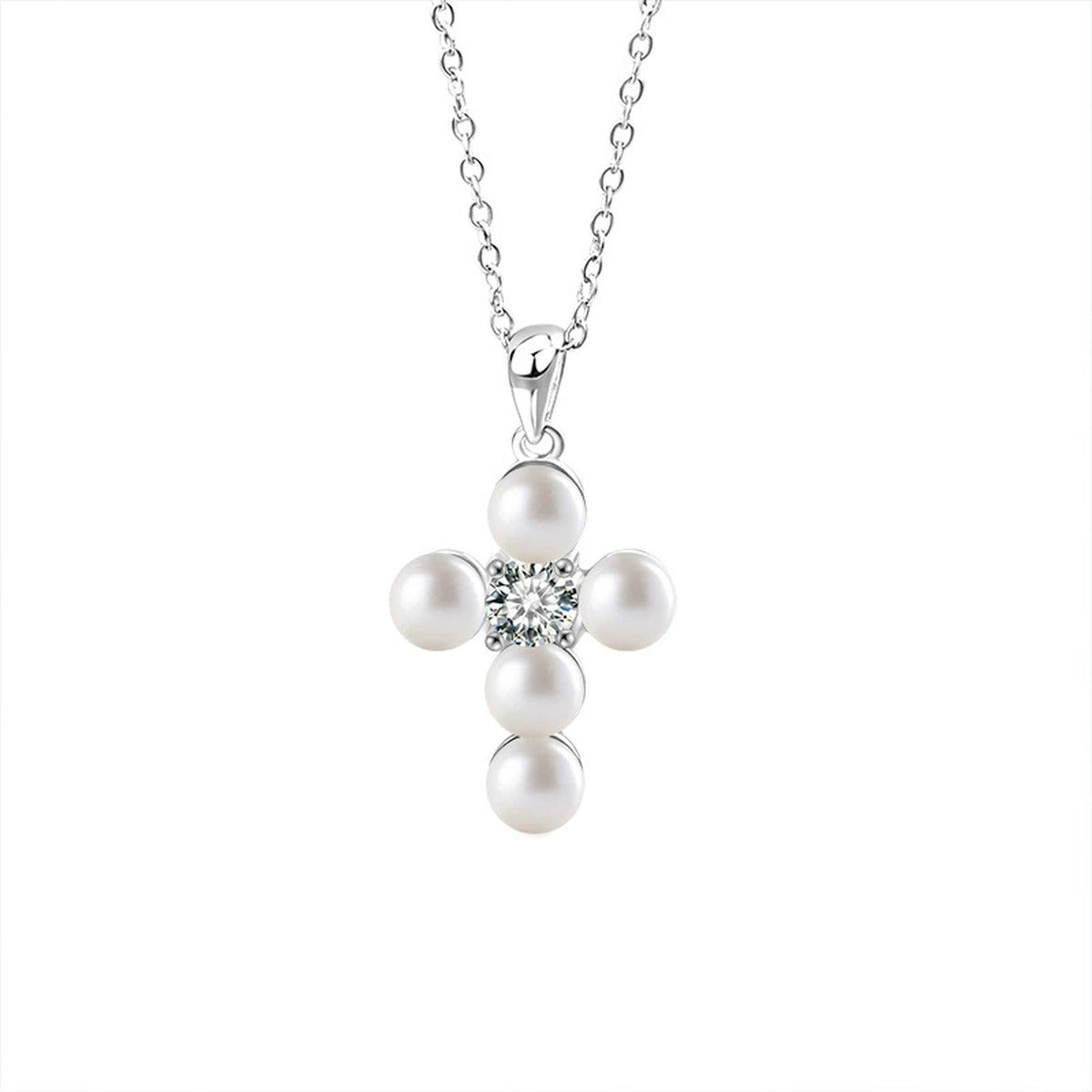 Pearl Cross Round Moissanite Necklace in White Gold-Plated S925 sterling silver white background front product view showing cross pendant formed by button pearls around a round moissanite center