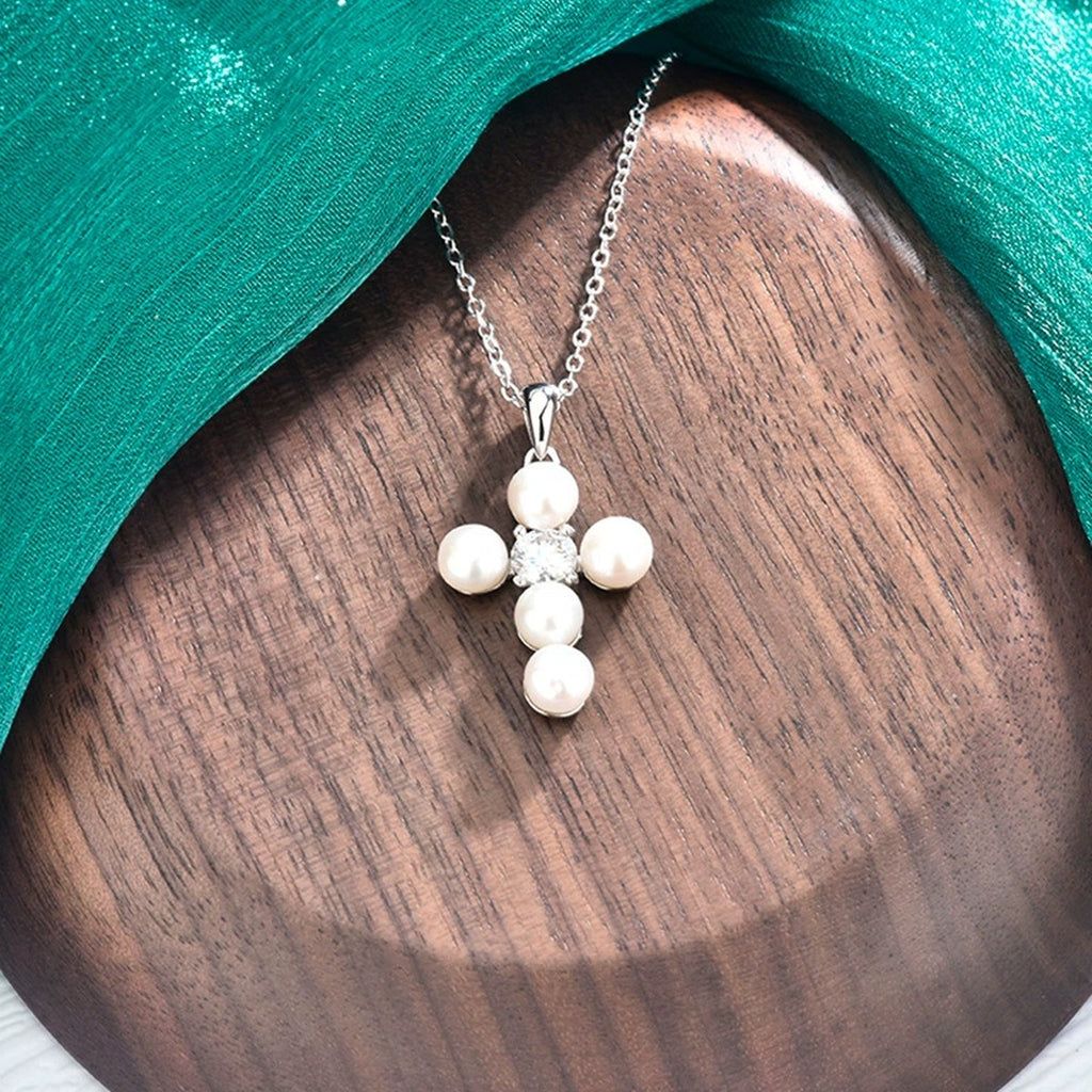 Pearl Cross Round Moissanite Necklace in White Gold-Plated S925 sterling silver display scene showing chain and stone layout