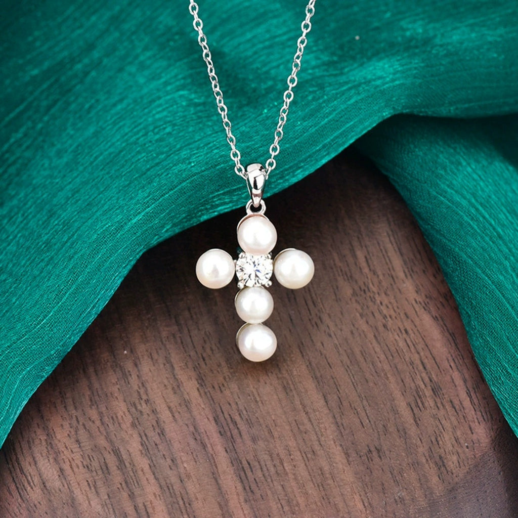 Pearl Cross Round Moissanite Necklace in White Gold-Plated S925 sterling silver angled product detail view