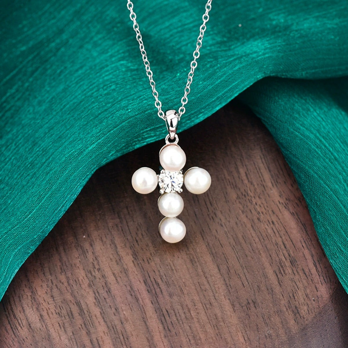 Pearl Cross Round Moissanite Necklace in White Gold-Plated S925 sterling silver angled product detail view