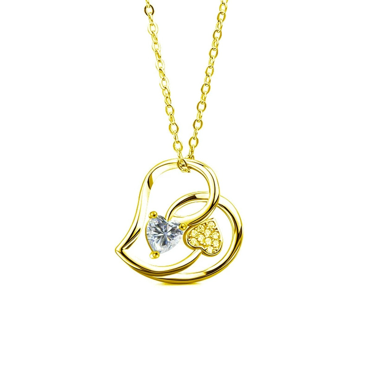Double Heart Moissanite Necklace with CZ in Gold-Plated S925 sterling silver white background front product view showing layered double-heart pendant set with a heart-cut moissanite and CZ accent heart