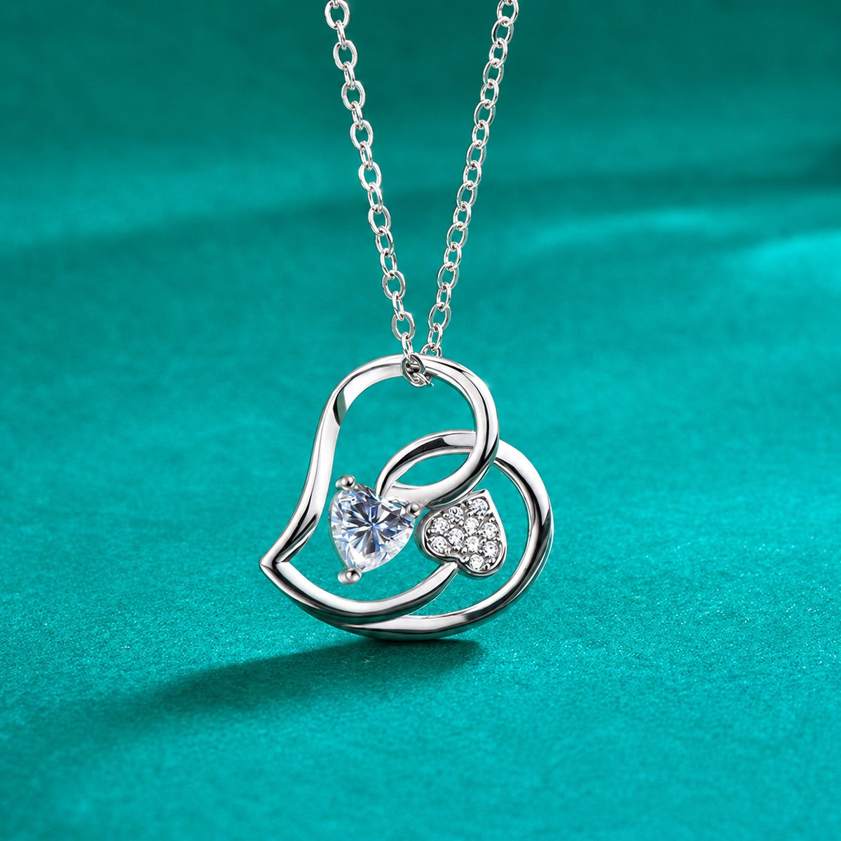 Double Heart Moissanite Necklace with CZ in Gold-Plated S925 sterling silver close-up styled product scene showing pendant setting