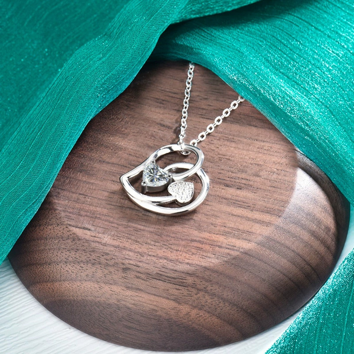 Double Heart Moissanite Necklace with CZ in Gold-Plated S925 sterling silver display scene showing chain and stone layout