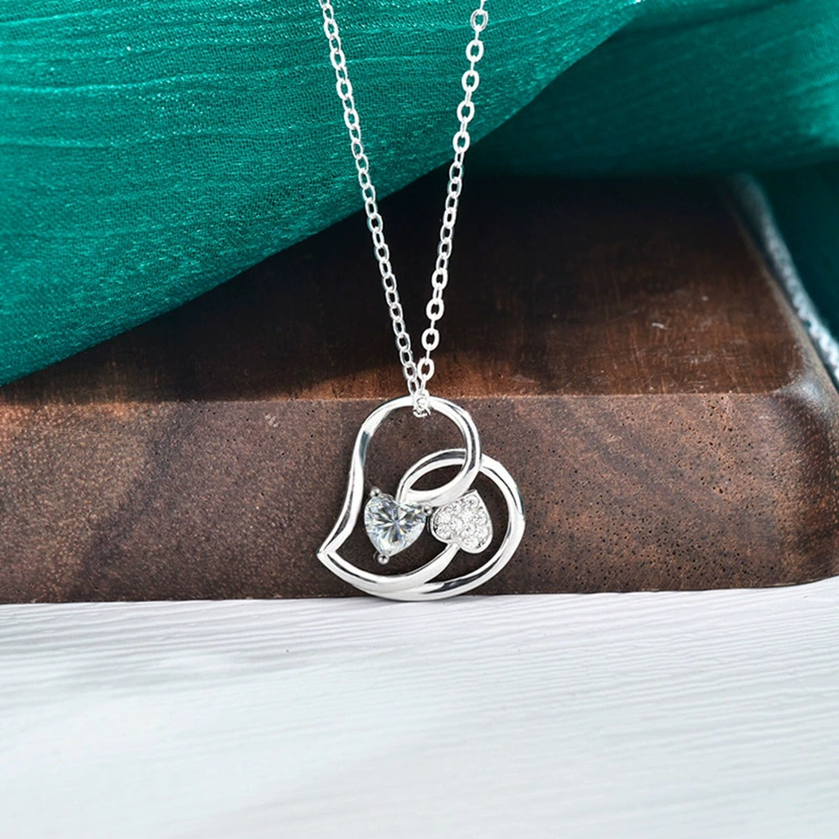 Double Heart Moissanite Necklace with CZ in Gold-Plated S925 sterling silver angled product detail view