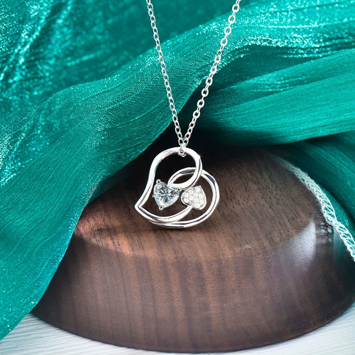 Double Heart Moissanite Necklace with CZ in Gold-Plated S925 sterling silver additional product styling view