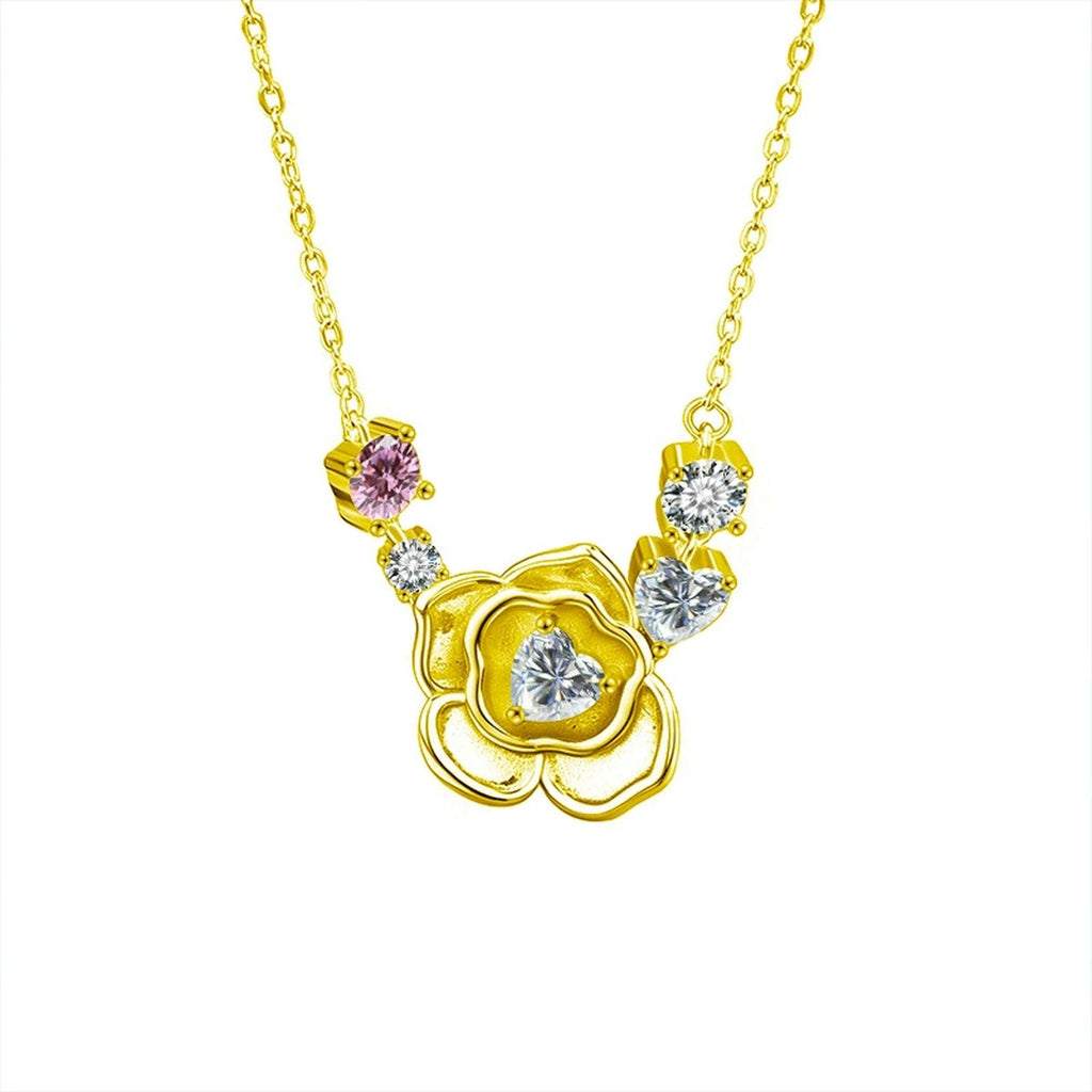 Rose Heart Moissanite Necklace with Pink CZ in Gold-Plated S925 sterling silver white background front product view showing sculpted rose pendant with a heart-cut moissanite and pink CZ accents