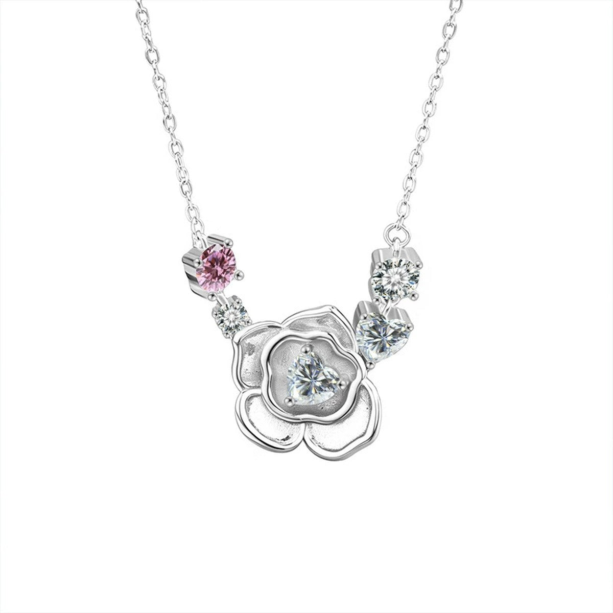 Rose Heart Moissanite Necklace with Pink CZ in Gold-Plated S925 sterling silver alternate metal color white background product view showing sculpted rose pendant with a heart-cut moissanite and pink CZ accents