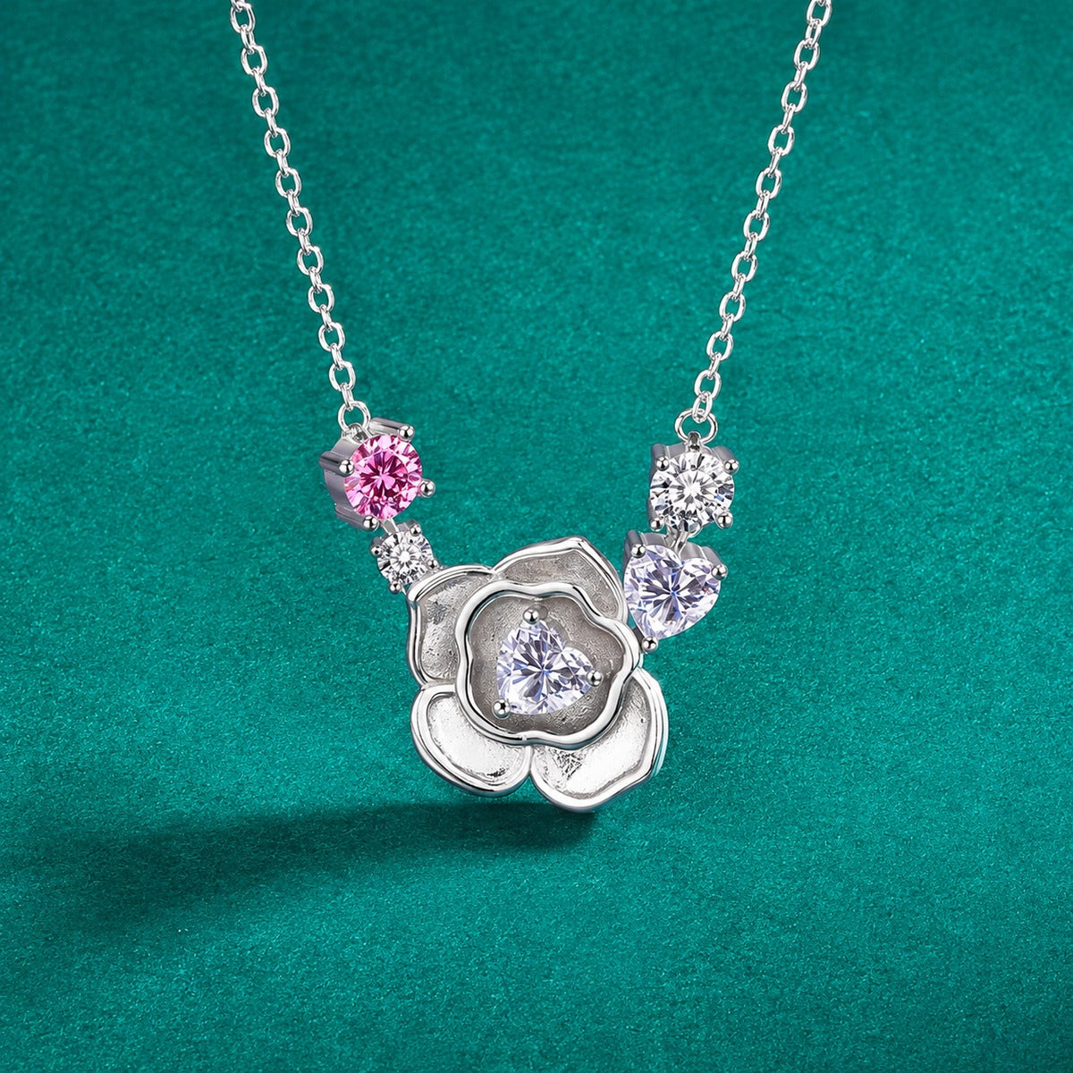 Rose Heart Moissanite Necklace with Pink CZ in Gold-Plated S925 sterling silver close-up styled product scene showing pendant setting
