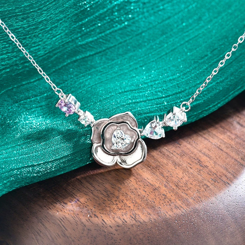 Rose Heart Moissanite Necklace with Pink CZ in Gold-Plated S925 sterling silver display scene showing chain and stone layout