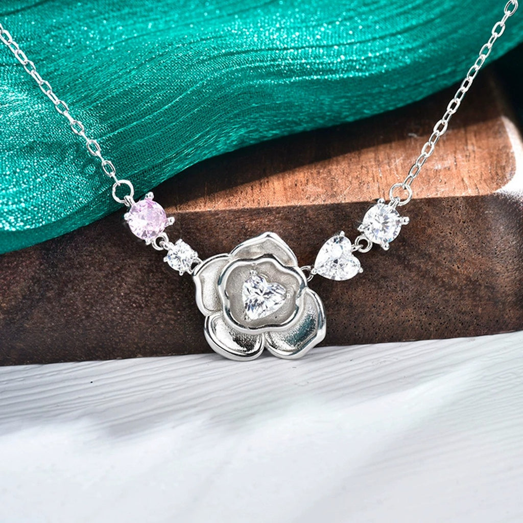 Rose Heart Moissanite Necklace with Pink CZ in Gold-Plated S925 sterling silver angled product detail view