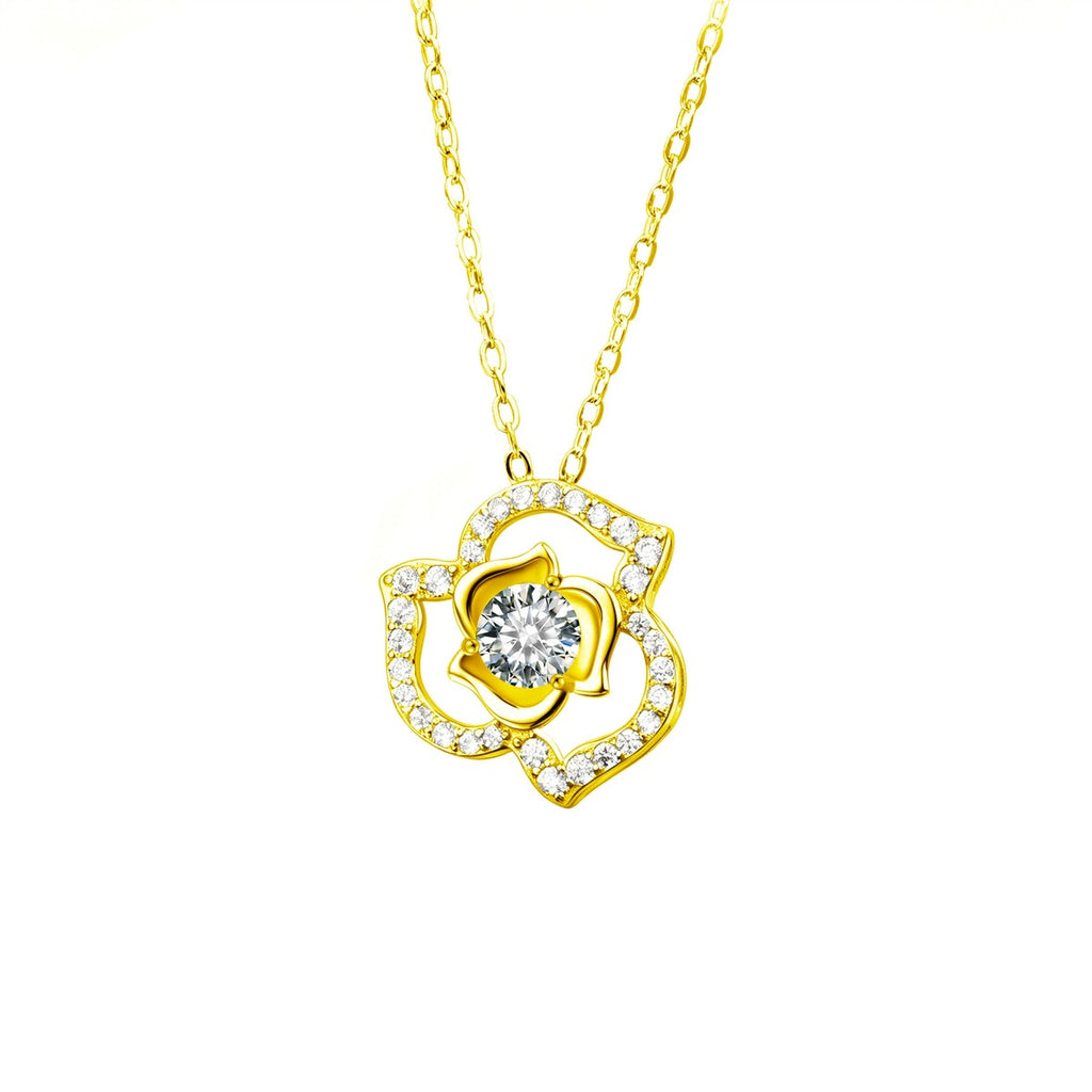 Rose Heart Round Moissanite Necklace with CZ in Gold-Plated S925 sterling silver white background front product view showing layered rose and heart pendant centered with a round moissanite