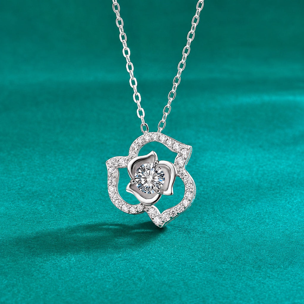 Rose Heart Round Moissanite Necklace with CZ in Gold-Plated S925 sterling silver close-up styled product scene showing pendant setting