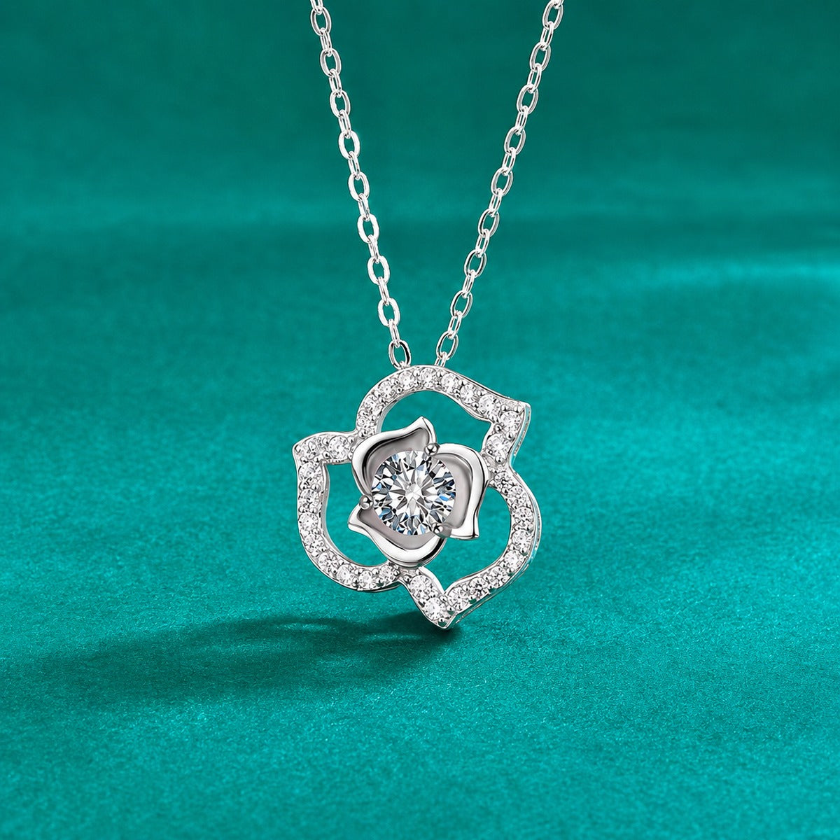 Rose Heart Round Moissanite Necklace with CZ in Gold-Plated S925 sterling silver close-up styled product scene showing pendant setting