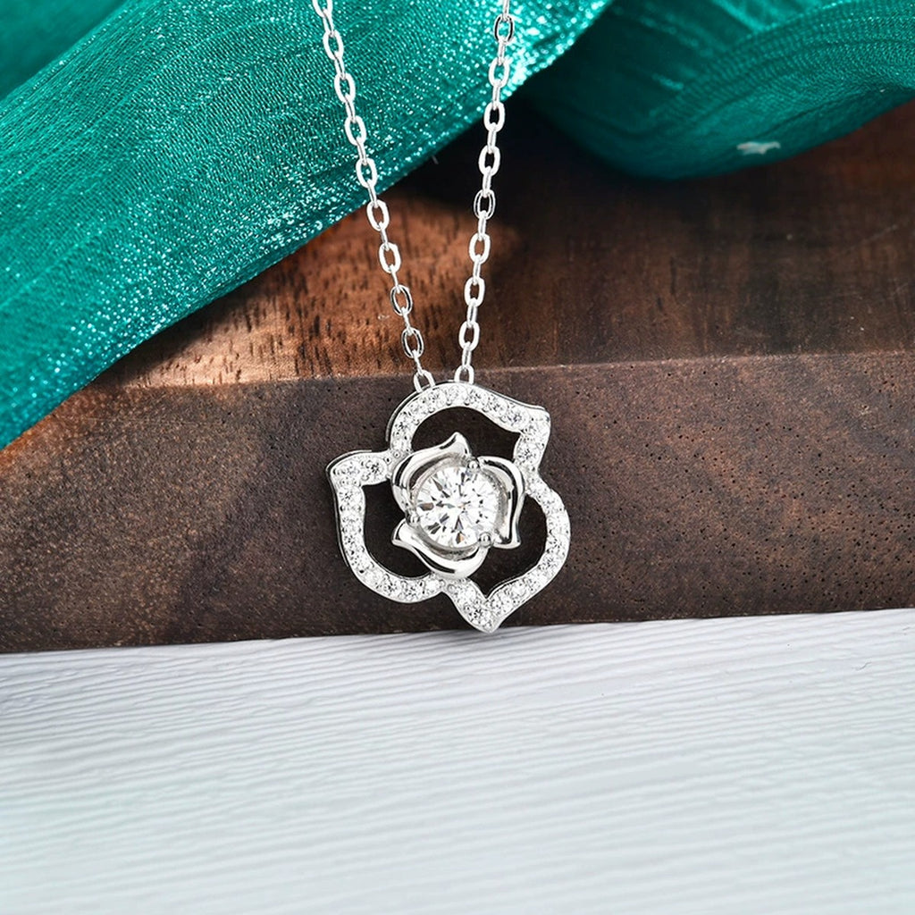 Rose Heart Round Moissanite Necklace with CZ in Gold-Plated S925 sterling silver display scene showing chain and stone layout
