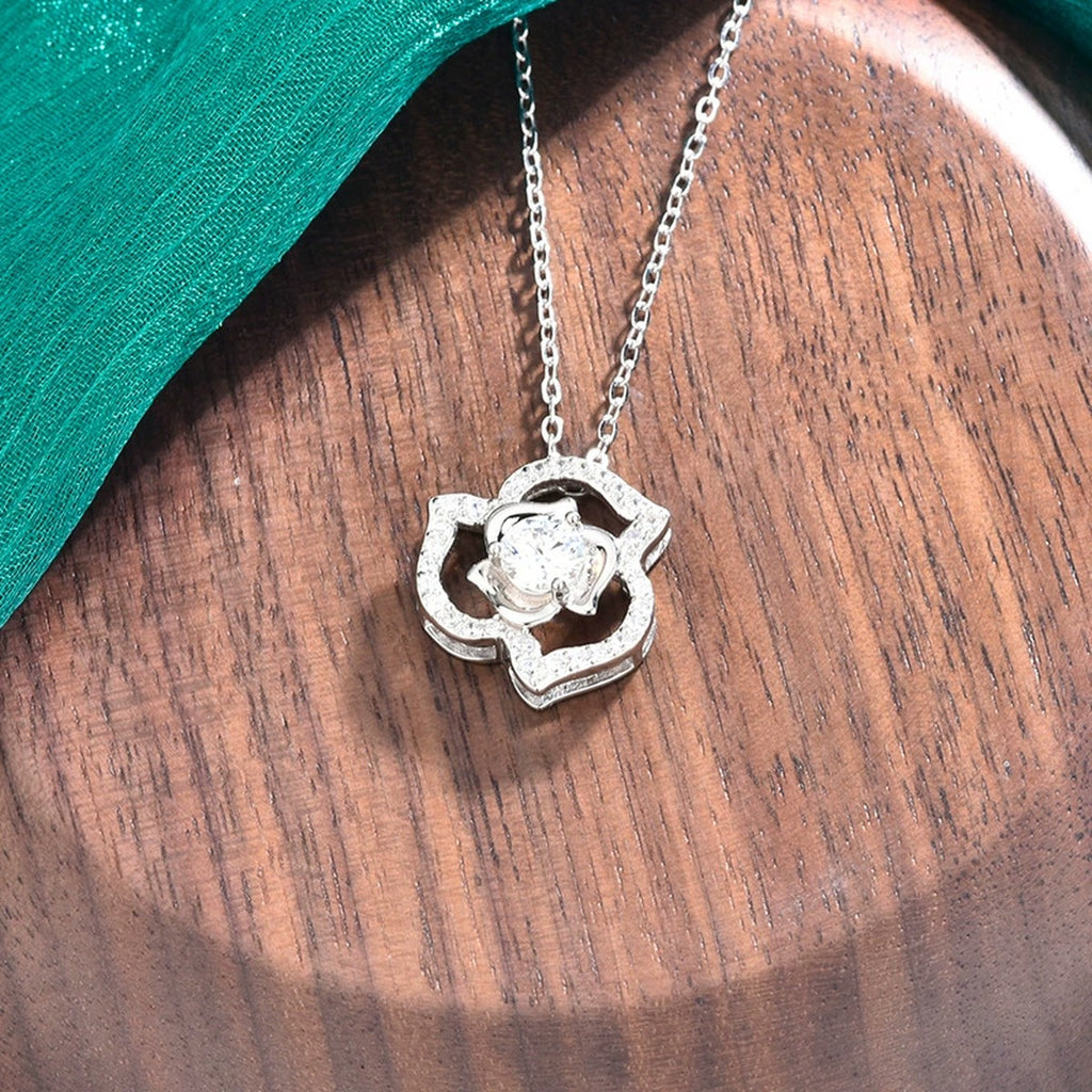 Rose Heart Round Moissanite Necklace with CZ in Gold-Plated S925 sterling silver angled product detail view