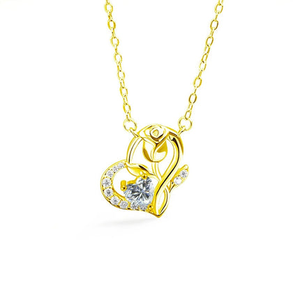 Rose Heart Moissanite Necklace with CZ in Gold-Plated S925 sterling silver white background front product view showing heart pendant shaped by a sculpted rose stem and heart-cut moissanite