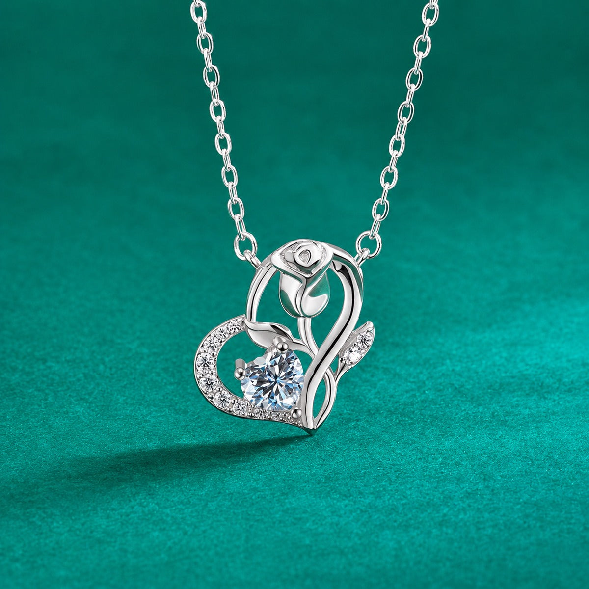 Rose Heart Moissanite Necklace with CZ in Gold-Plated S925 sterling silver close-up styled product scene showing pendant setting