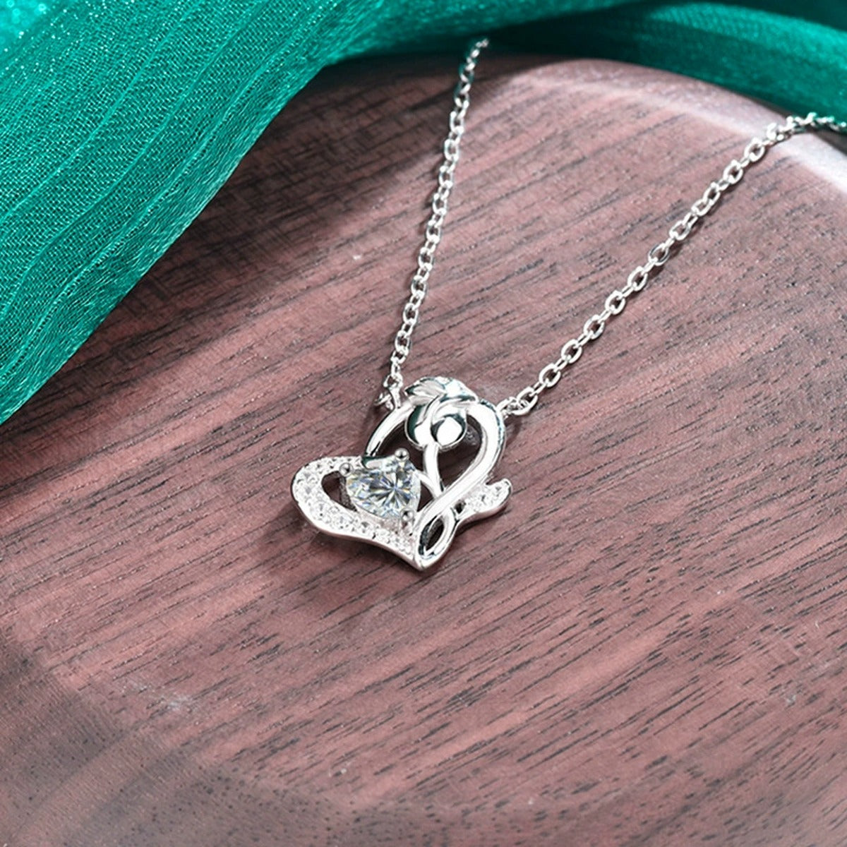 Rose Heart Moissanite Necklace with CZ in Gold-Plated S925 sterling silver display scene showing chain and stone layout