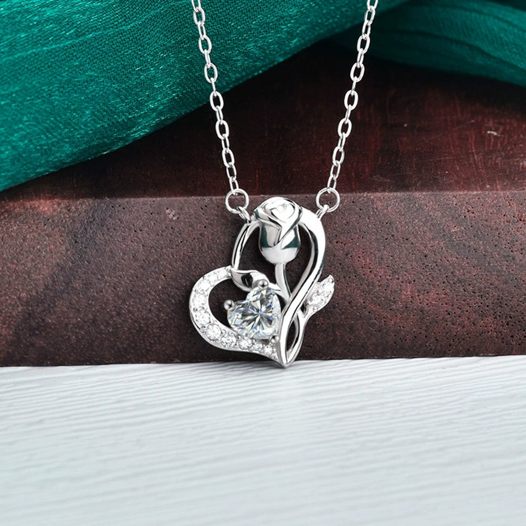 Rose Heart Moissanite Necklace with CZ in Gold-Plated S925 sterling silver angled product detail view