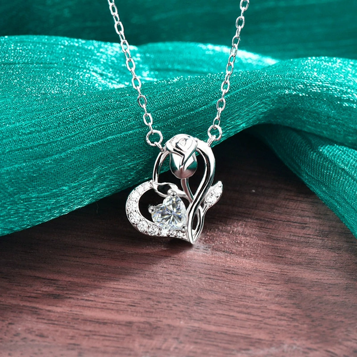 Rose Heart Moissanite Necklace with CZ in Gold-Plated S925 sterling silver additional product styling view