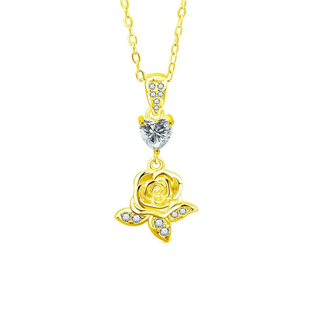 Rose Heart Moissanite Necklace with CZ in Gold-Plated S925 sterling silver white background front product view showing sculpted rose pendant centered with a heart-cut moissanite and fine CZ accents