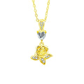 Rose Heart Moissanite Necklace with CZ in Gold-Plated S925 sterling silver white background front product view showing sculpted rose pendant centered with a heart-cut moissanite and fine CZ accents
