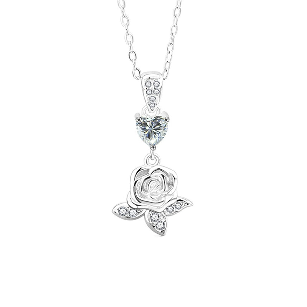 Rose Heart Moissanite Necklace with CZ in Gold-Plated S925 sterling silver alternate metal color white background product view showing sculpted rose pendant centered with a heart-cut moissanite and fine CZ accents