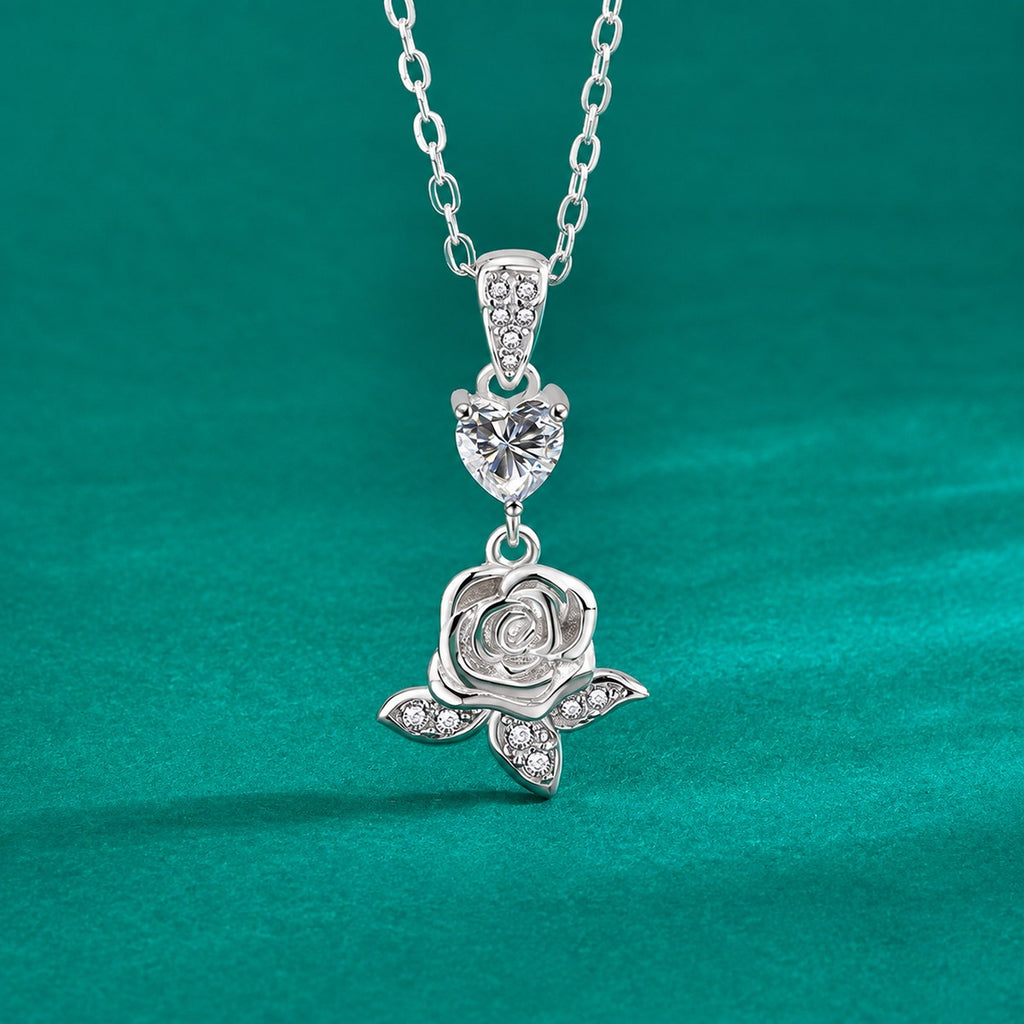 Rose Heart Moissanite Necklace with CZ in Gold-Plated S925 sterling silver close-up styled product scene showing pendant setting