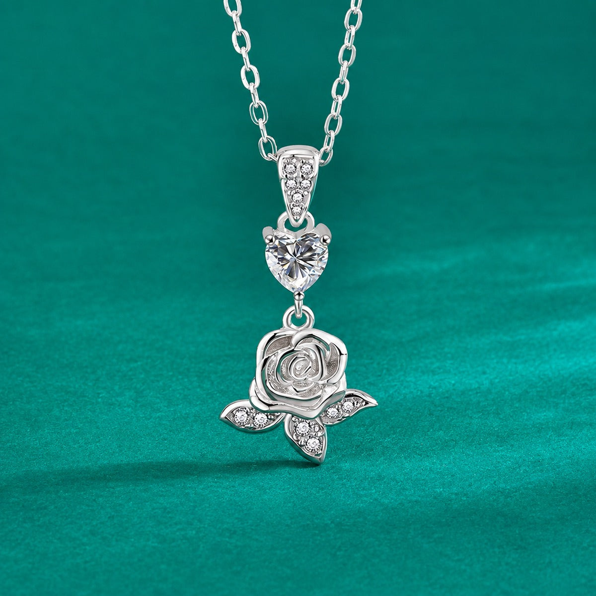 Rose Heart Moissanite Necklace with CZ in Gold-Plated S925 sterling silver close-up styled product scene showing pendant setting
