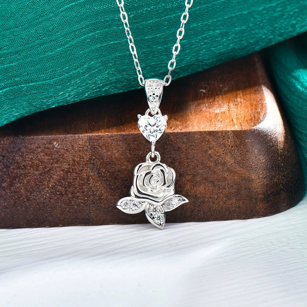 Rose Heart Moissanite Necklace with CZ in Gold-Plated S925 sterling silver display scene showing chain and stone layout