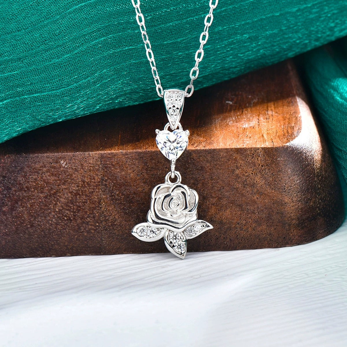 Rose Heart Moissanite Necklace with CZ in Gold-Plated S925 sterling silver display scene showing chain and stone layout