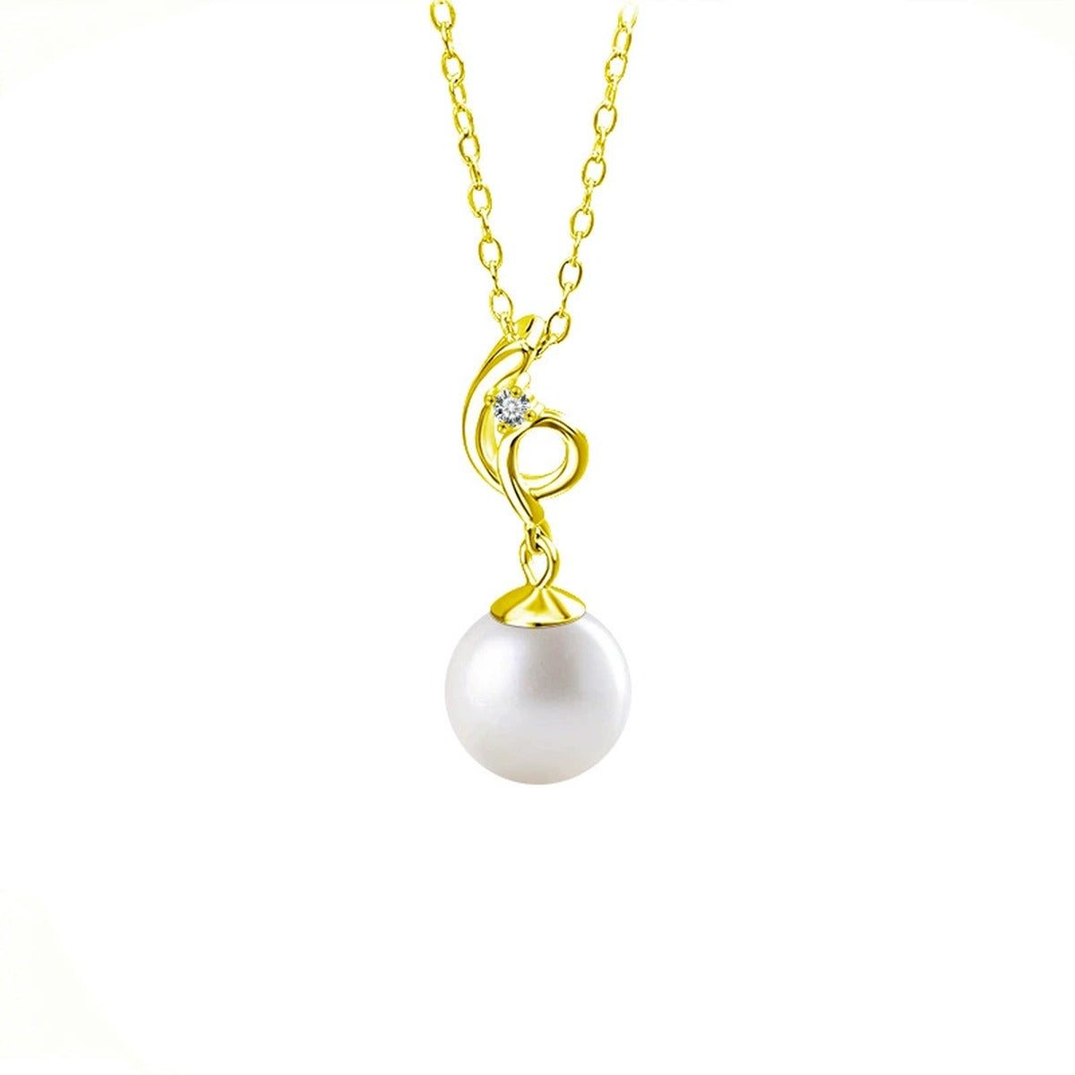 Pearl Drop Round Moissanite Necklace in Gold-Plated S925 sterling silver white background front product view showing slender pearl drop accented by a petite round moissanite