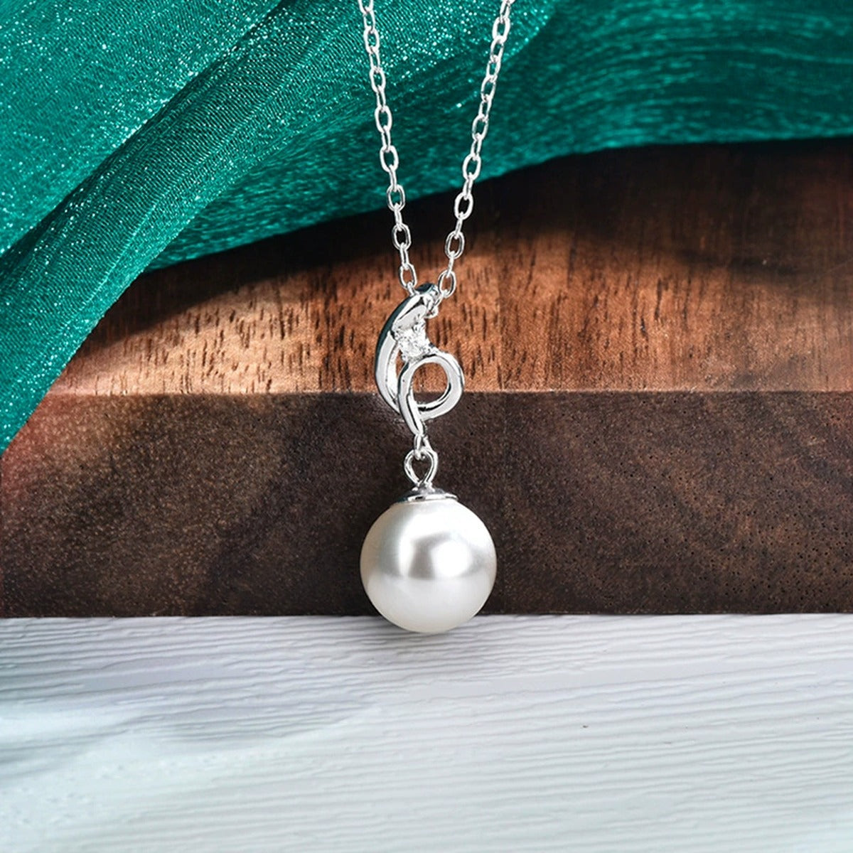 Pearl Drop Round Moissanite Necklace in Gold-Plated S925 sterling silver display scene showing chain and stone layout