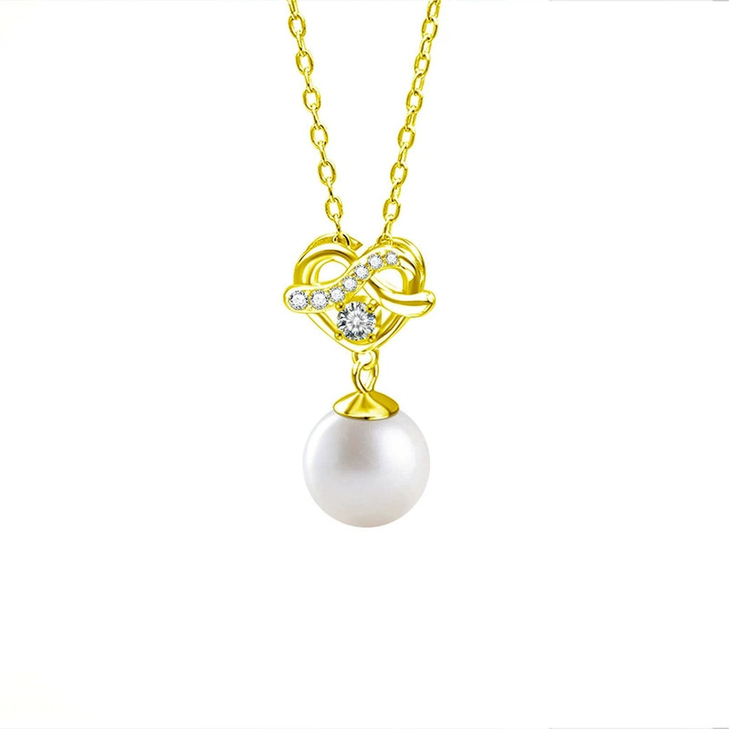 Heart Pearl Round Moissanite Necklace with CZ in Gold-Plated S925 sterling silver white background front product view showing heart-accented pearl drop set with a round moissanite and CZ