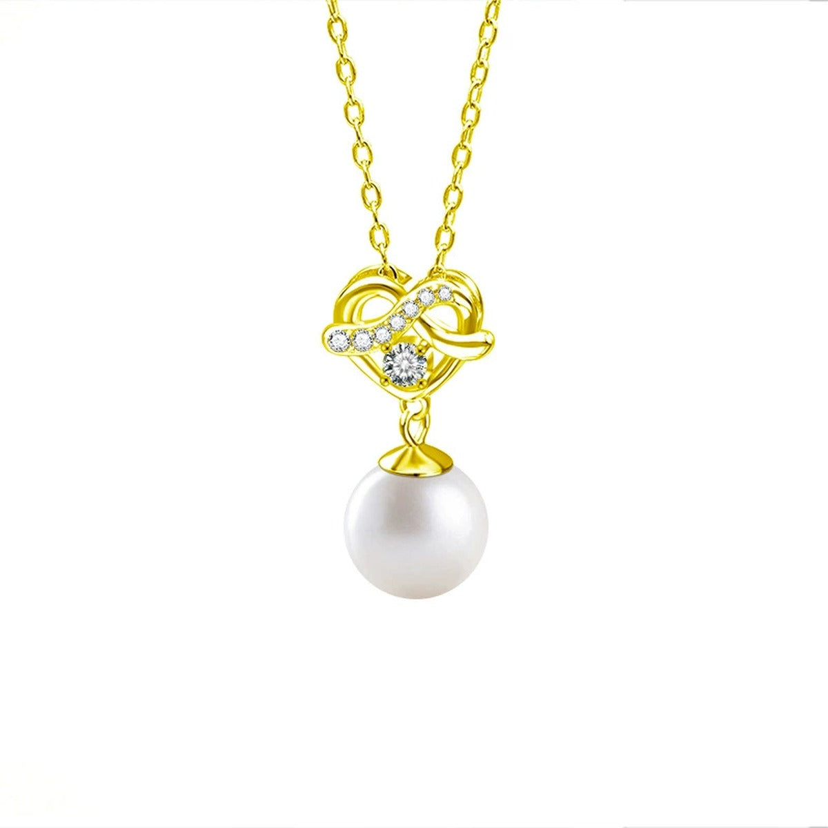 Heart Pearl Round Moissanite Necklace with CZ in Gold-Plated S925 sterling silver white background front product view showing heart-accented pearl drop set with a round moissanite and CZ
