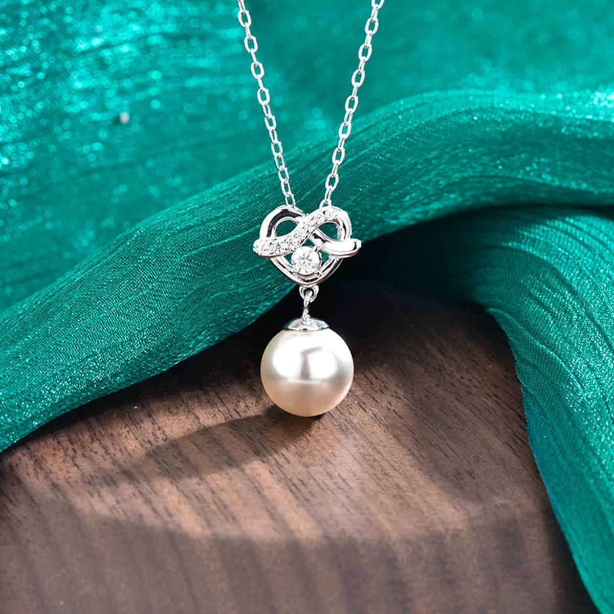 Heart Pearl Round Moissanite Necklace with CZ in Gold-Plated S925 sterling silver angled product detail view