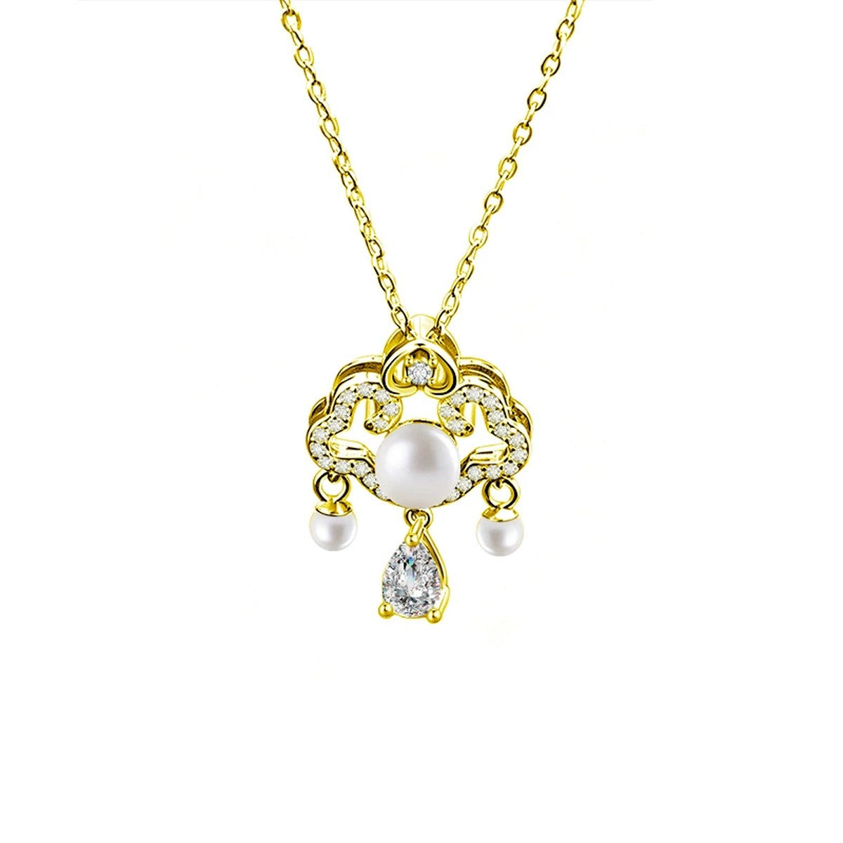 Ruyi Pear Cut Moissanite and Pearl Necklace with CZ in Gold-Plated S925 sterling silver white background front product view showing a ruyi-inspired openwork pendant with pearl drops and a pear-cut moissanite