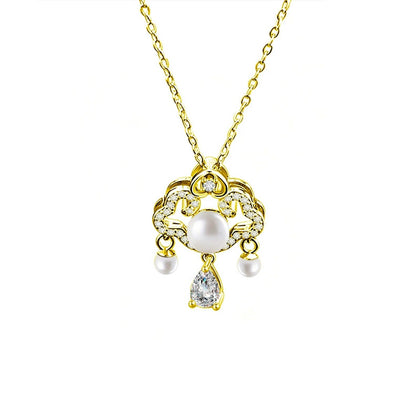 Ruyi Pear Cut Moissanite and Pearl Necklace with CZ in Gold-Plated S925 sterling silver white background front product view showing a ruyi-inspired openwork pendant with pearl drops and a pear-cut moissanite