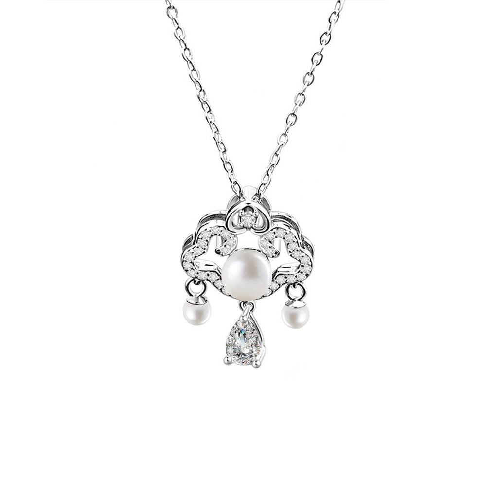 Ruyi Pear Cut Moissanite and Pearl Necklace with CZ in Gold-Plated S925 sterling silver alternate metal color white background product view showing a ruyi-inspired openwork pendant with pearl drops and a pear-cut moissanite