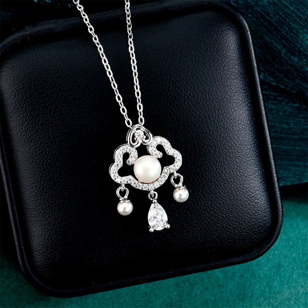 Ruyi Pear Cut Moissanite and Pearl Necklace with CZ in Gold-Plated S925 sterling silver display scene showing chain and stone layout