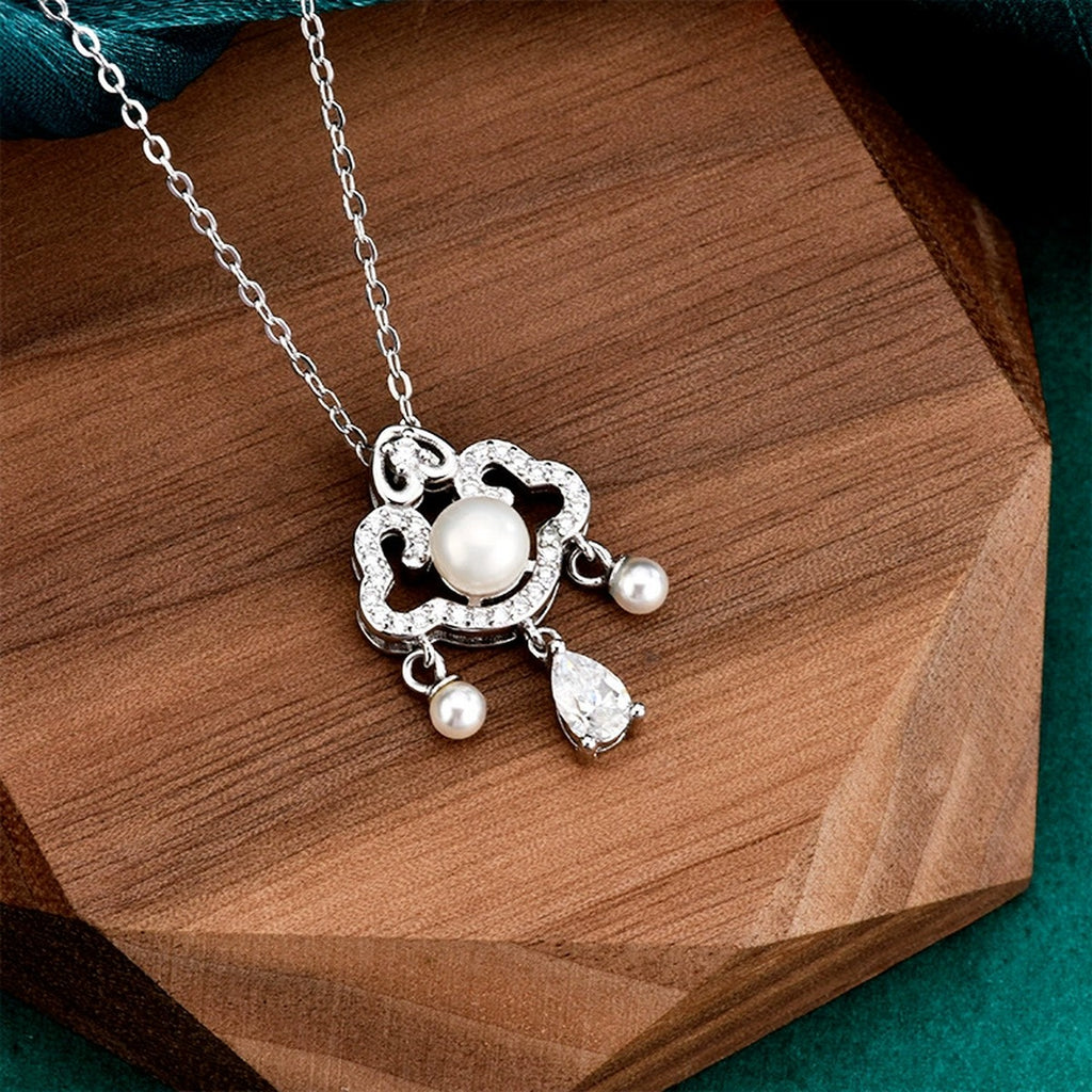 Ruyi Pear Cut Moissanite and Pearl Necklace with CZ in Gold-Plated S925 sterling silver angled product detail view