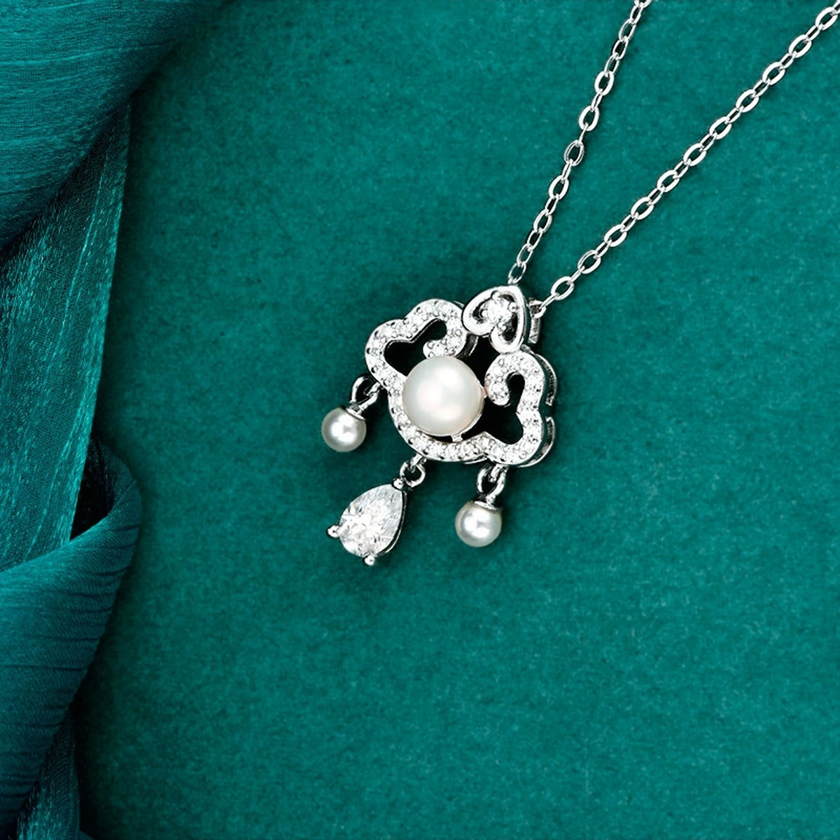 Ruyi Pear Cut Moissanite and Pearl Necklace with CZ in Gold-Plated S925 sterling silver additional product styling view