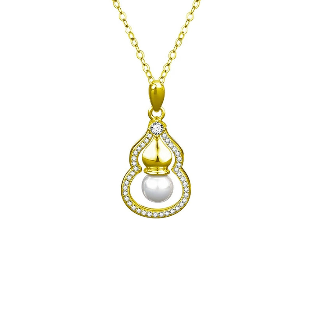 Pearl Gourd Round Moissanite Necklace with CZ in Gold-Plated S925 sterling silver white background product photo showing gourd pendant with a round moissanite, near-round pearl and CZ outline